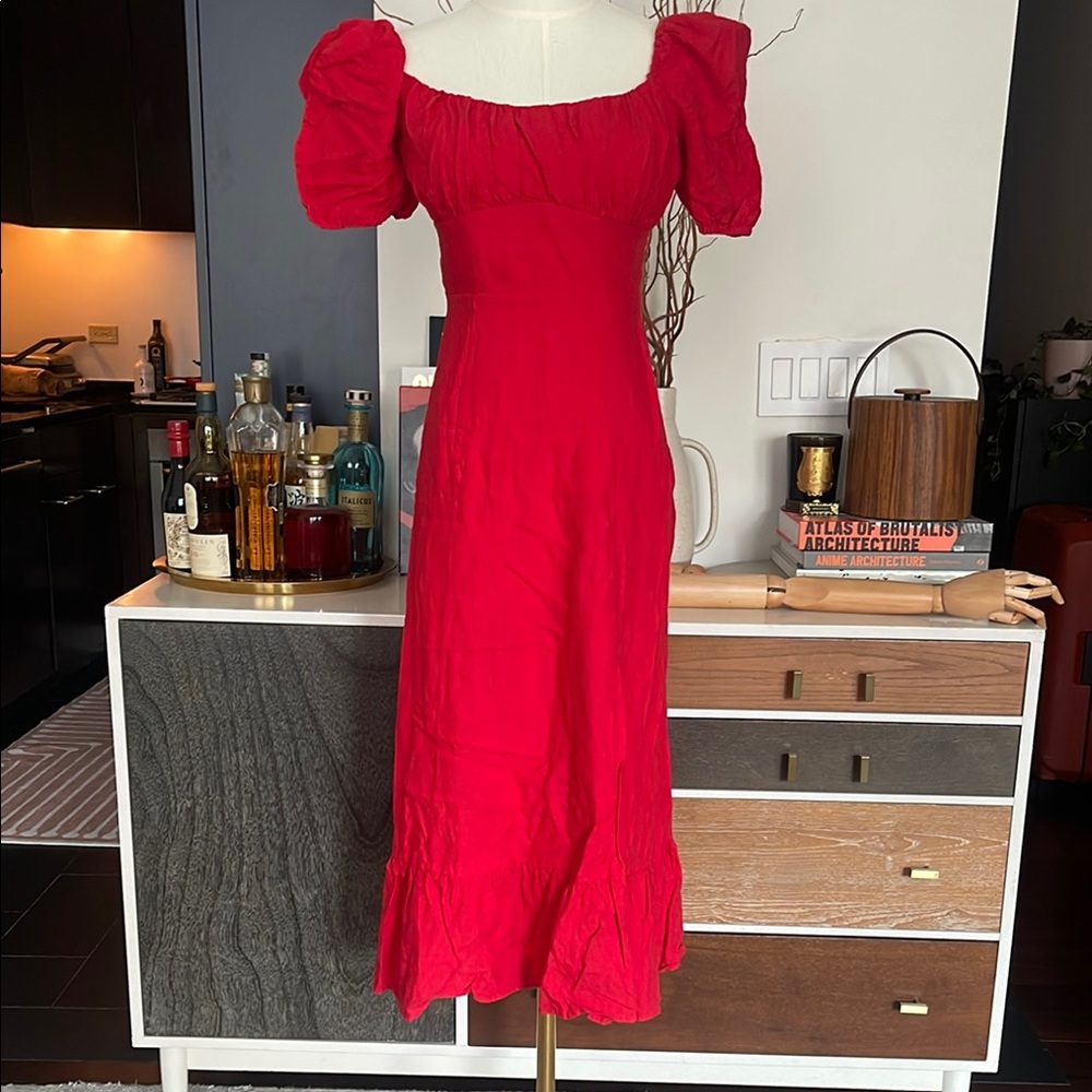 &Other Stories Red Puff Sleeve Linen Dress With Slit